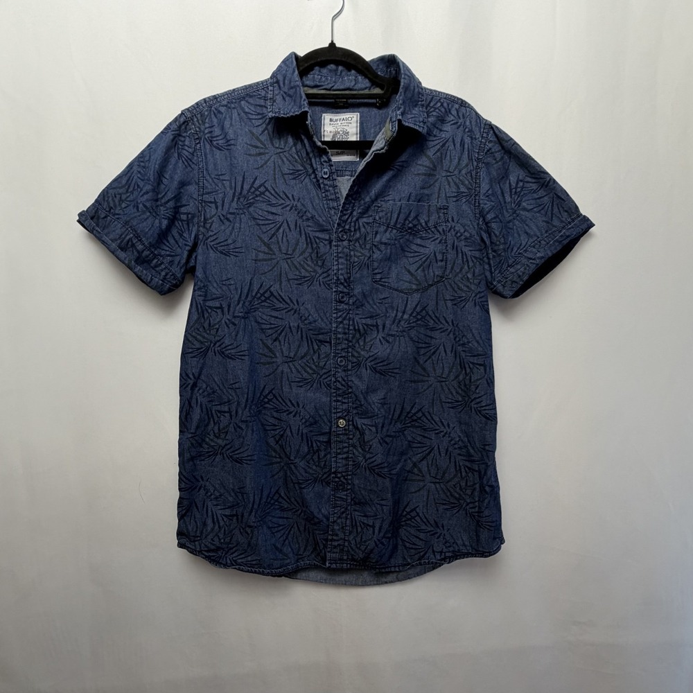Buffalo David Bitton Shirt Mens‎ Small Gray Blue Hawaiian Linen Tropical